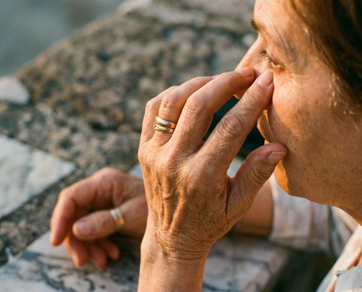 Graceful mature hands gently patting the under-eye area with the ring finger in a careful skincare application