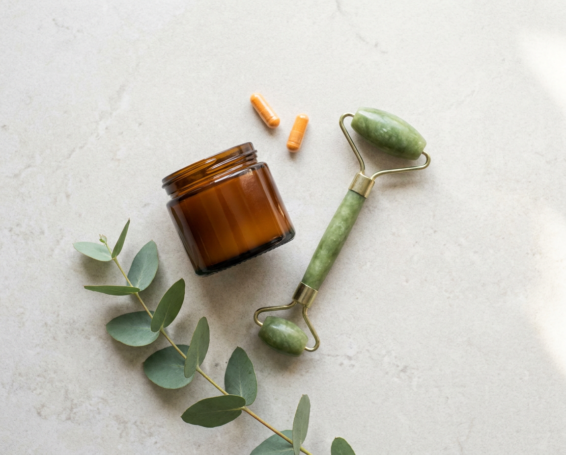 Overhead flat lay of an amber glass jar, jade facial roller, vitamin C capsules and green botanicals on pale stone