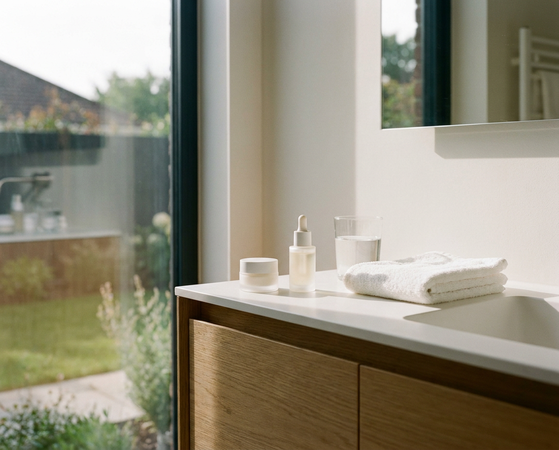 Serene bathroom vanity scene with unlabeled eye cream and serum beside a glass of water in soft morning light