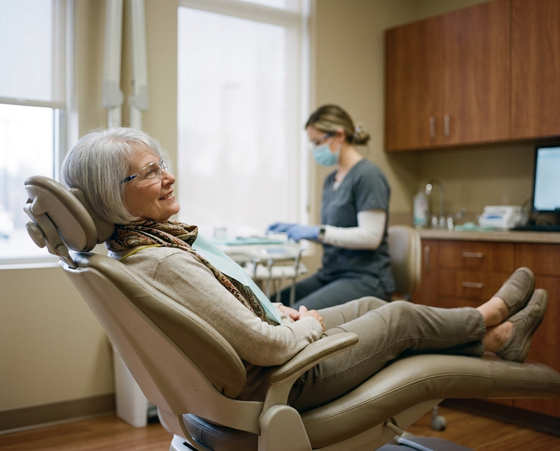 Woman in her late 60s relaxed in a dentist chair with hygienist working in the background