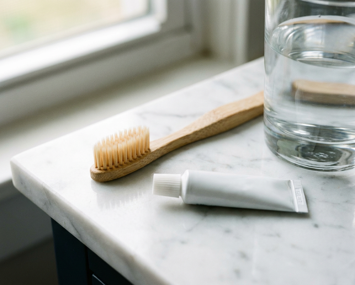 Soft-bristled toothbrush and fluoride toothpaste on a marble bathroom counter beside a glass of water