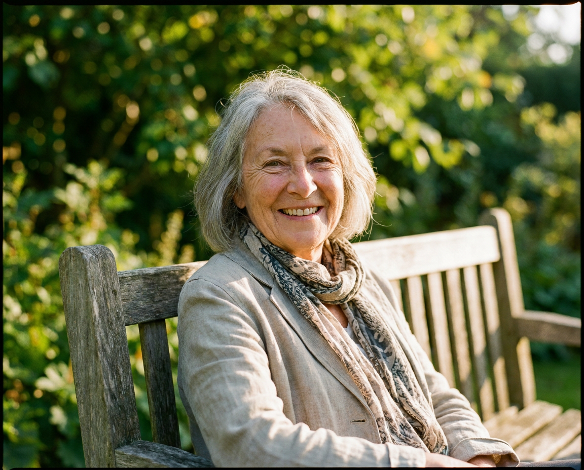 Woman in her early 70s smiling warmly on a garden bench in golden afternoon light
