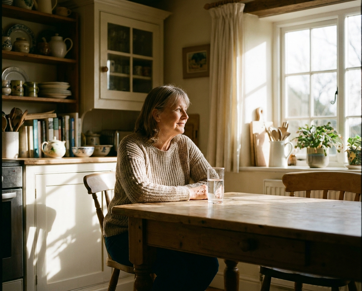 Woman in her 60s at a kitchen table holding a glass of water, gazing out the window in morning light