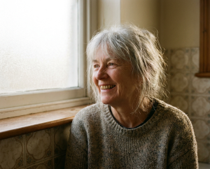 Smiling older woman by sunlit window indoors