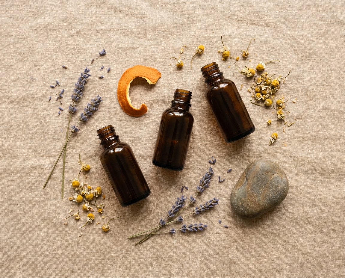 Overhead flat lay of dark glass bottles without labels beside dried lavender, chamomile flowers and citrus peel on warm linen