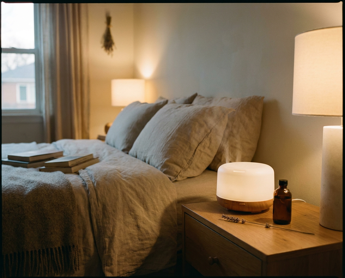 Calm bedroom scene with an ultrasonic diffuser misting beside a dark glass bottle and dried lavender stem in warm lamplight