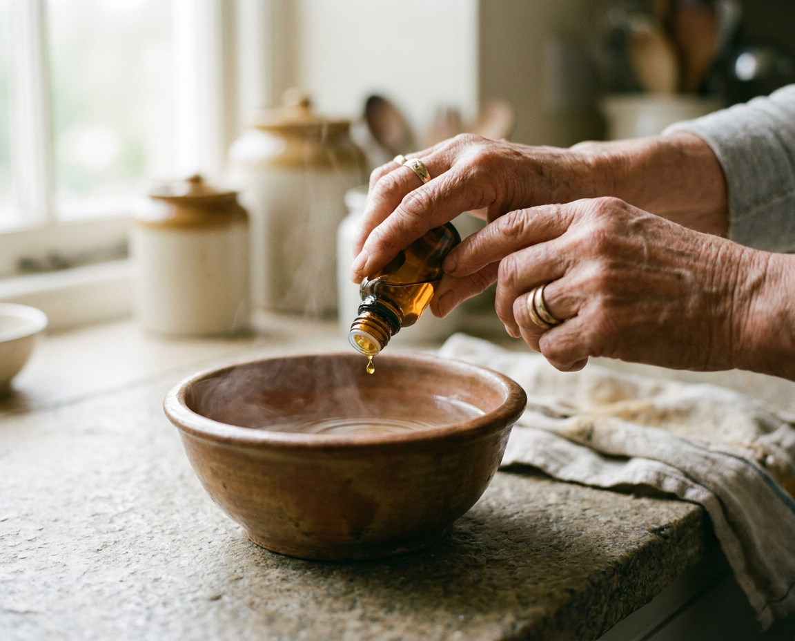 Close-up of mature hands adding drops of oil to a small ceramic dish on a stone surface