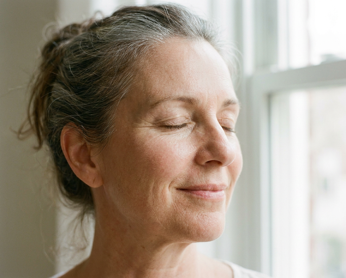 Close-up portrait of a mature woman with relaxed glowing skin, eyes closed and slight smile in soft natural light