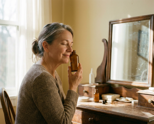 Woman in her late 50s sitting peacefully at a vanity holding a small amber glass bottle, eyes closed in natural morning light