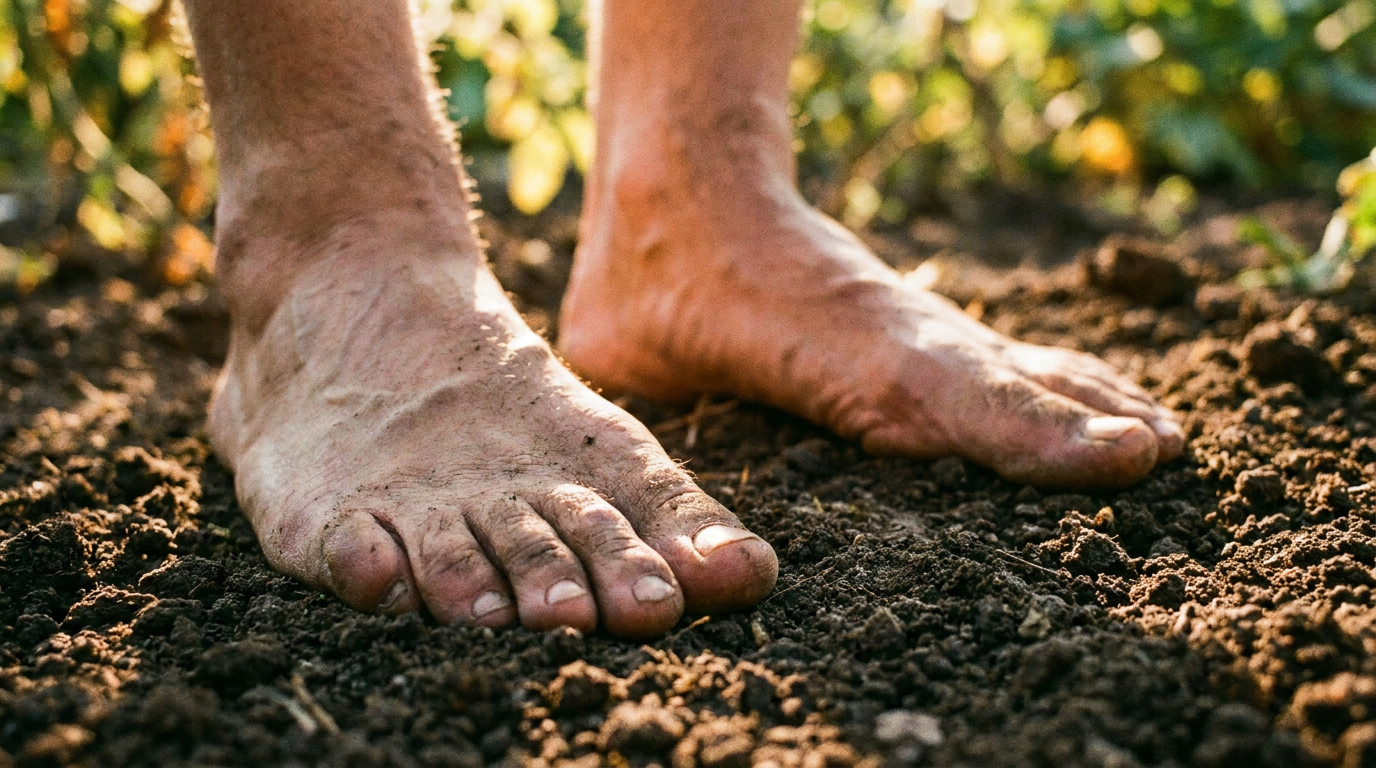Close-up of bare aged feet pressed into dark garden soil, earthy morning light