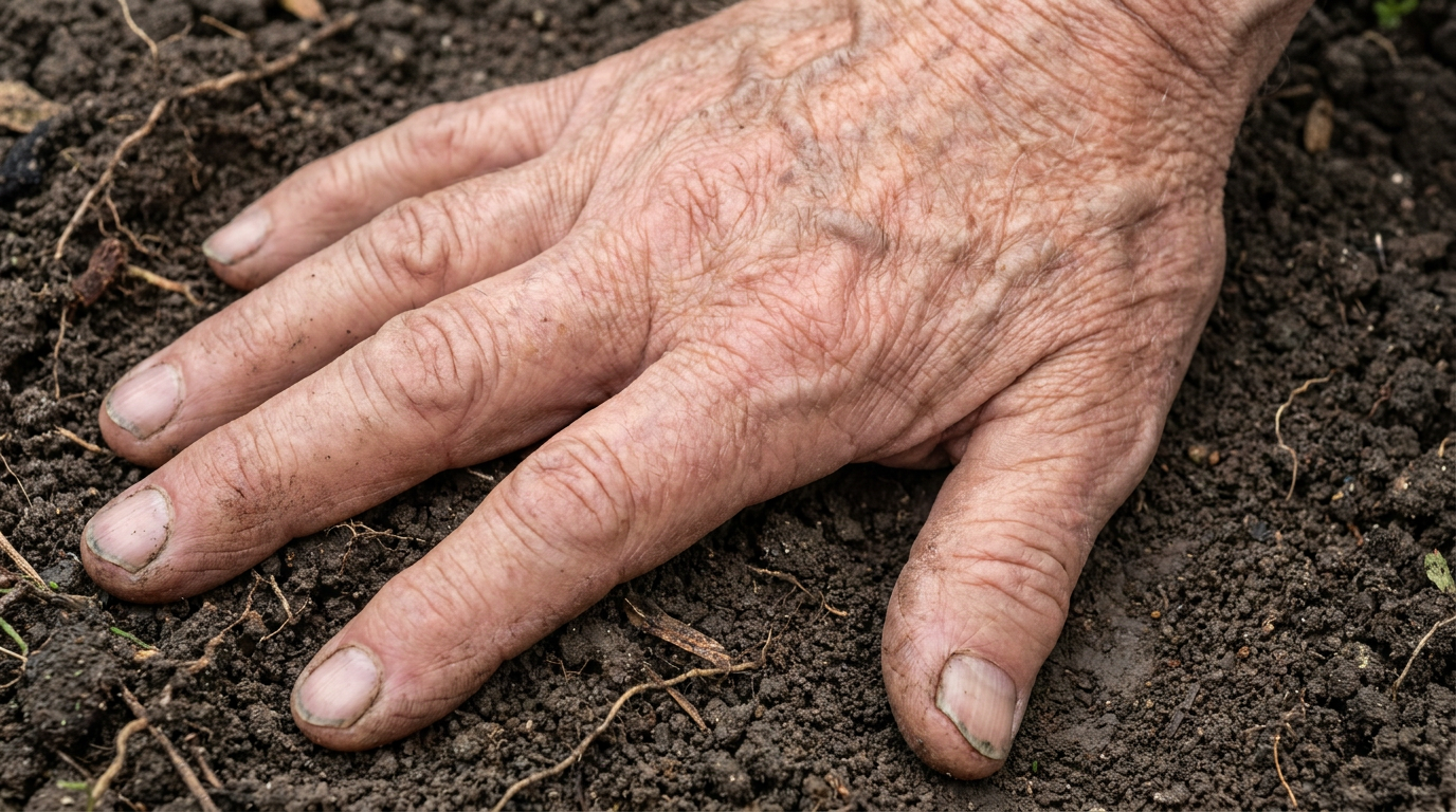 Extreme close-up of mature hand pressed flat against rich dark earth, skin and soil textures in sharp focus