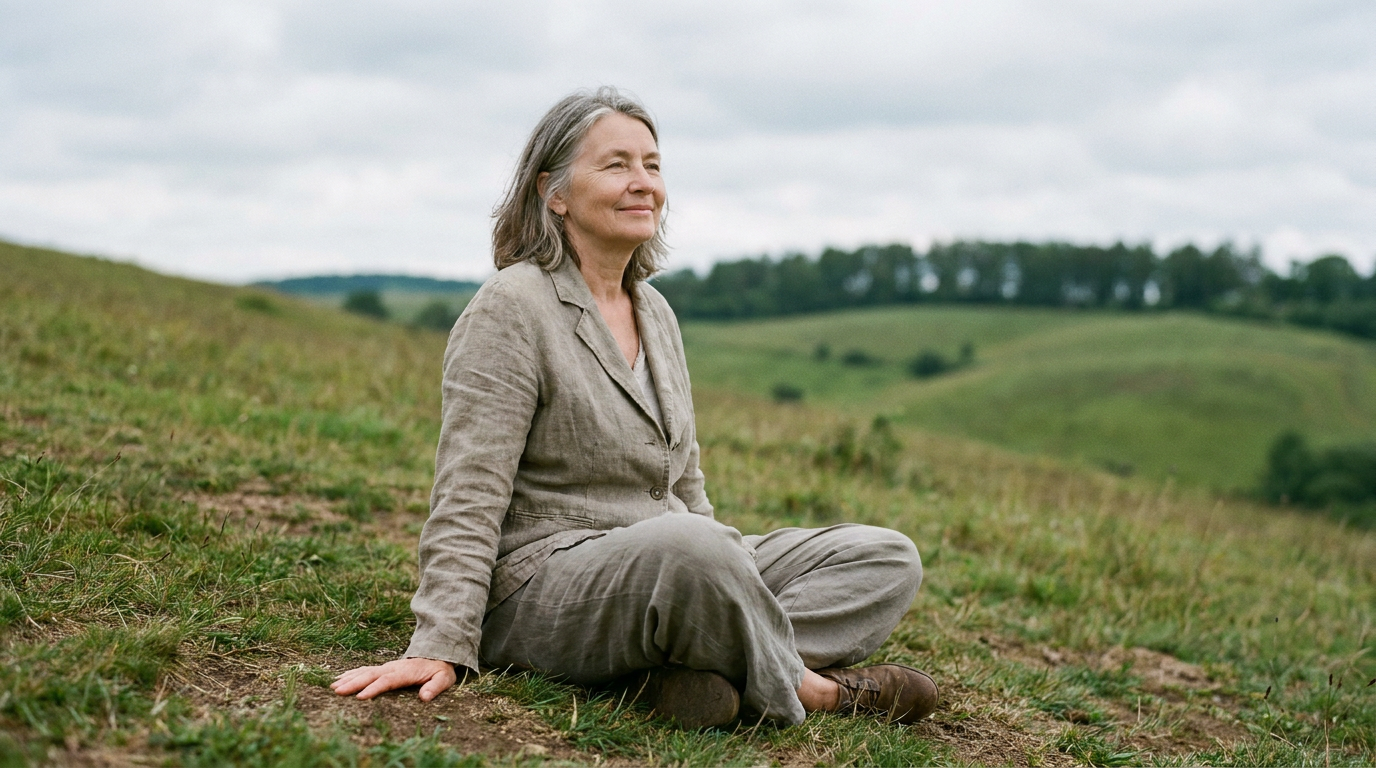 Woman in her 60s sitting cross-legged on a grassy hillside, palms flat on the ground