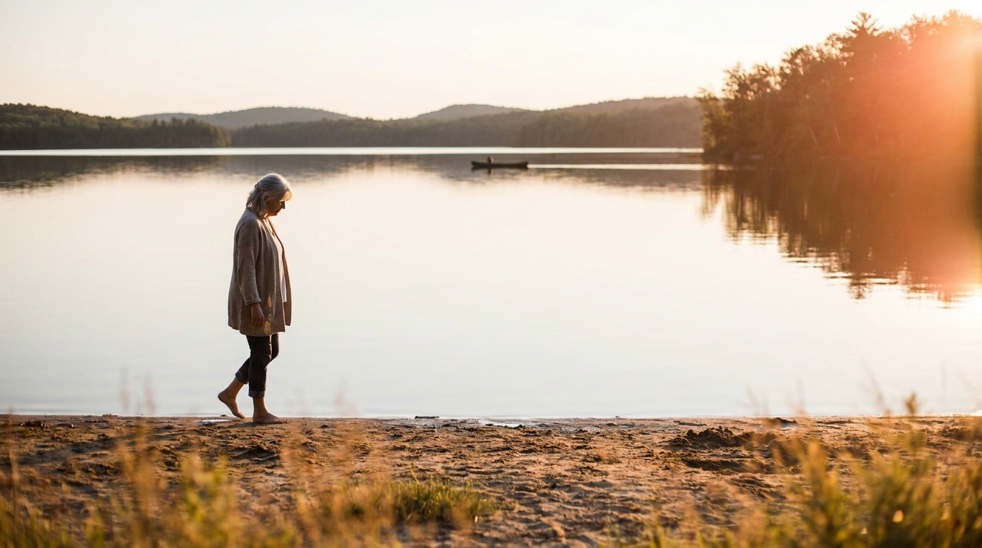 Woman in her late 60s walking barefoot along a calm lake at golden hour, wet sand underfoot