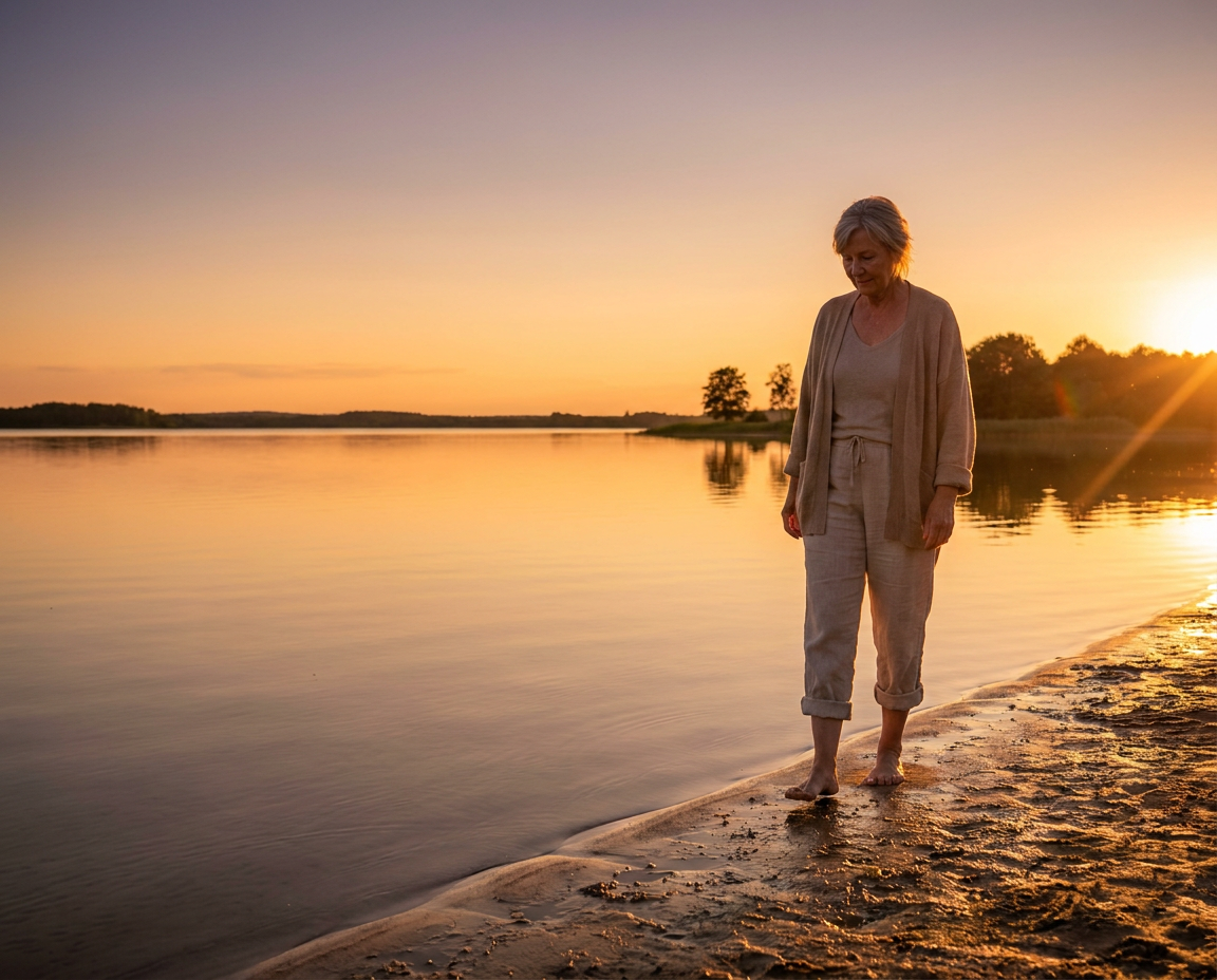 Older woman walking barefoot by lakeshore at sunset