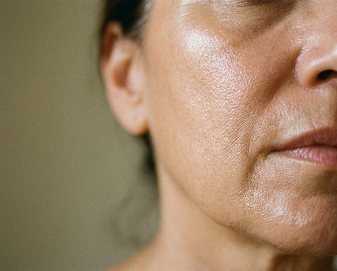 Close-up of a woman's cheek in her late 50s showing luminous skin texture in natural daylight