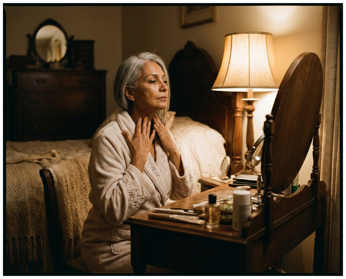 Woman in her early 60s with silver hair applying moisturizer to her neck at a bedroom vanity