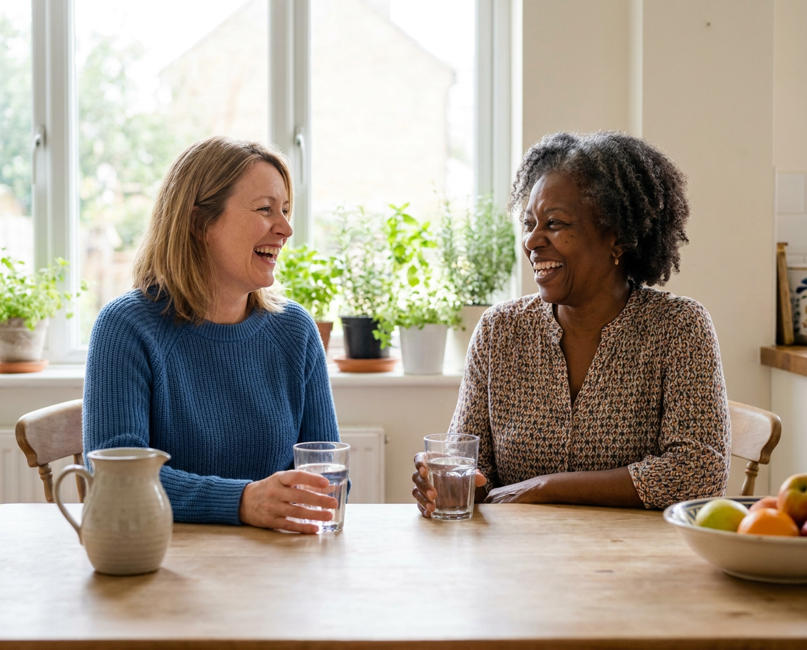 Two women in their late 40s and early 60s laughing together in a bright kitchen, each holding a glass of water
