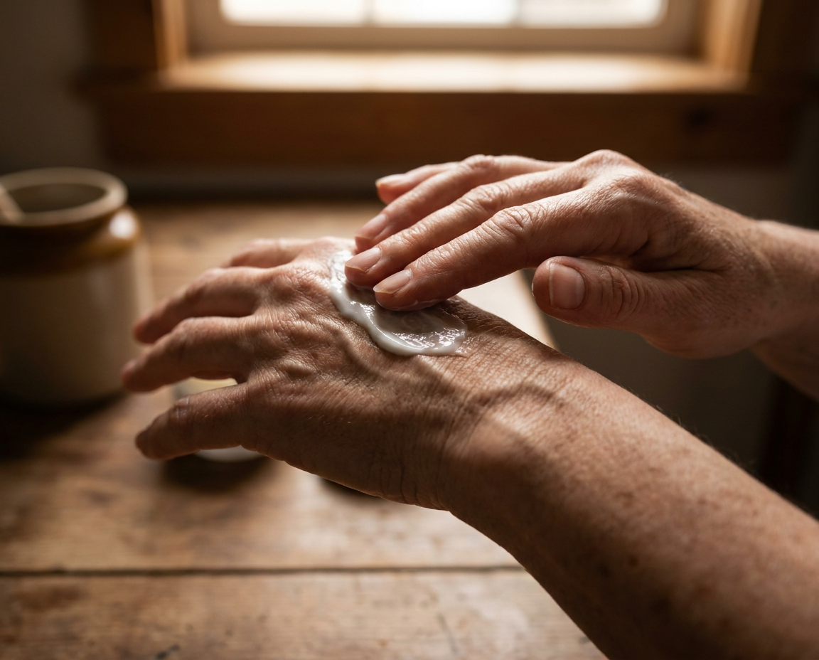 Close-up of a woman's hands in her late 50s applying rich cream in warm window light