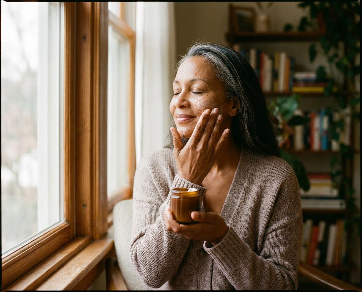 Woman applying face cream by sunlit window
