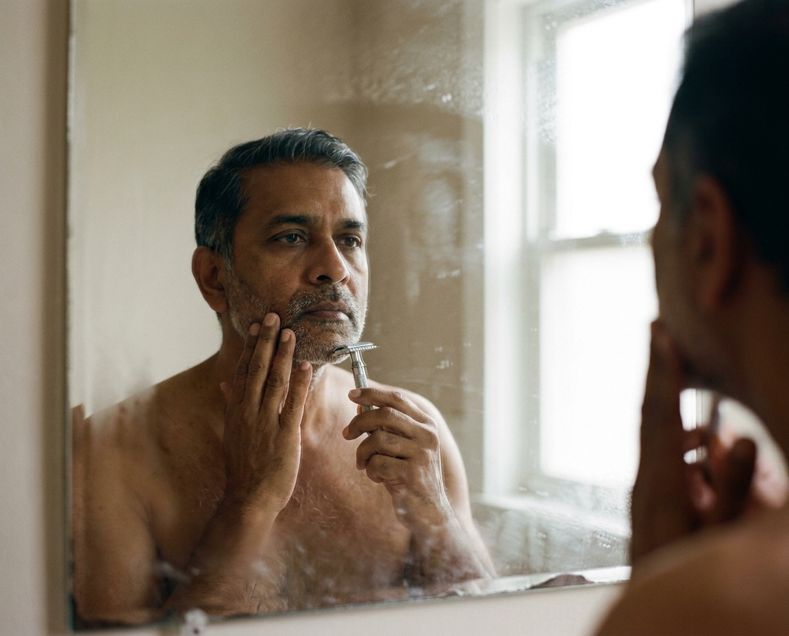 Man with South Asian complexion examining his jawline while holding a safety razor in a steamy bathroom mirror