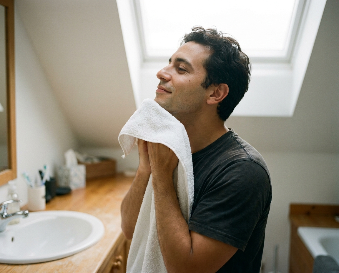 Man with light olive complexion patting his freshly-shaved face with a soft white towel