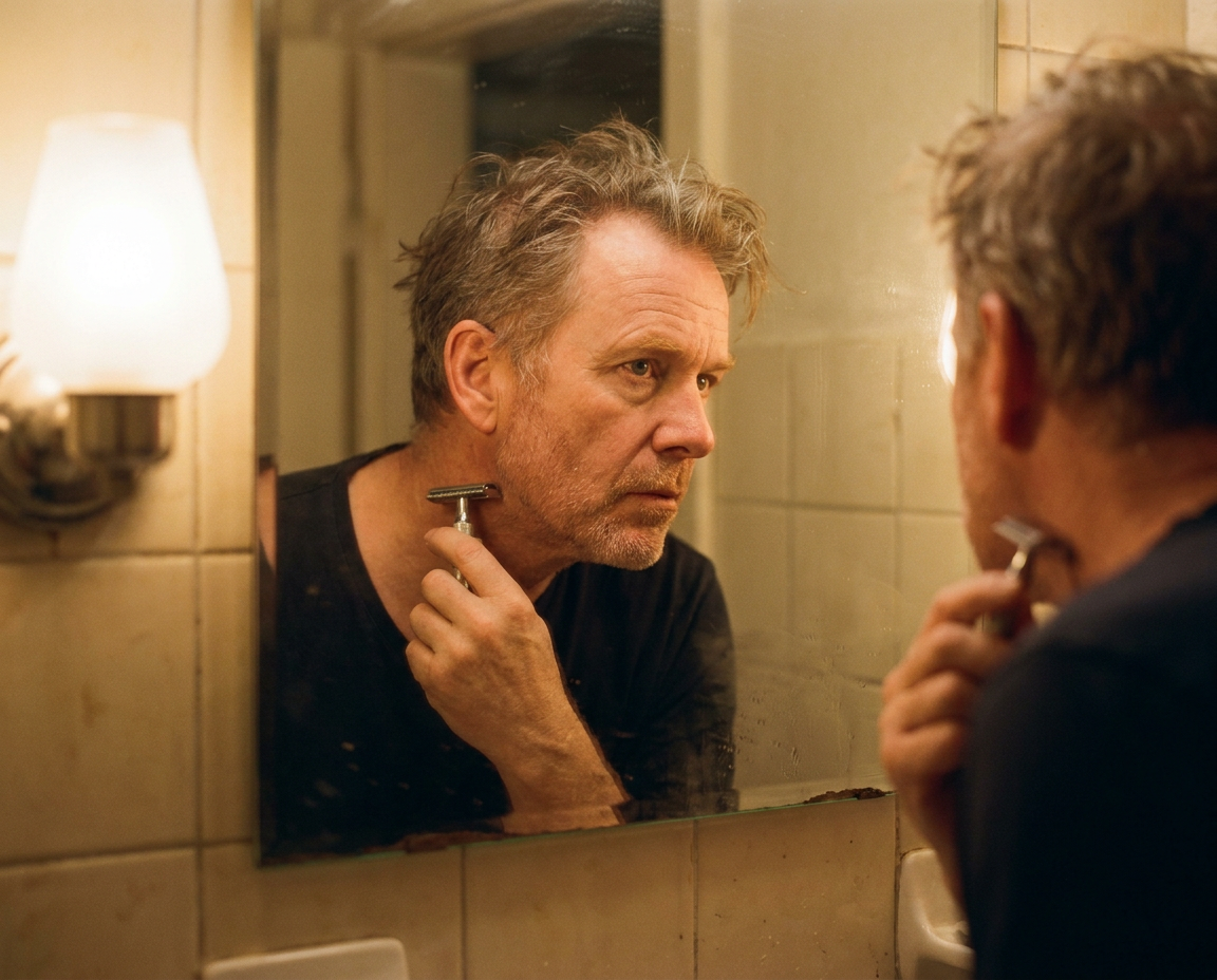 Man in his mid-50s with fair complexion and greying red hair using a safety razor on his neck