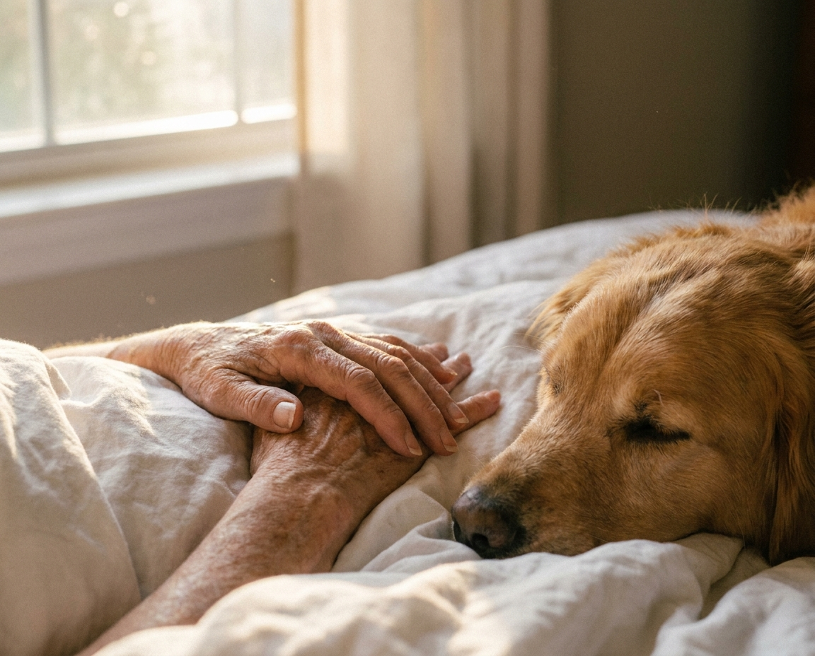 Close-up of a woman's hands on white bedding beside a sleeping golden retriever, soft afternoon light