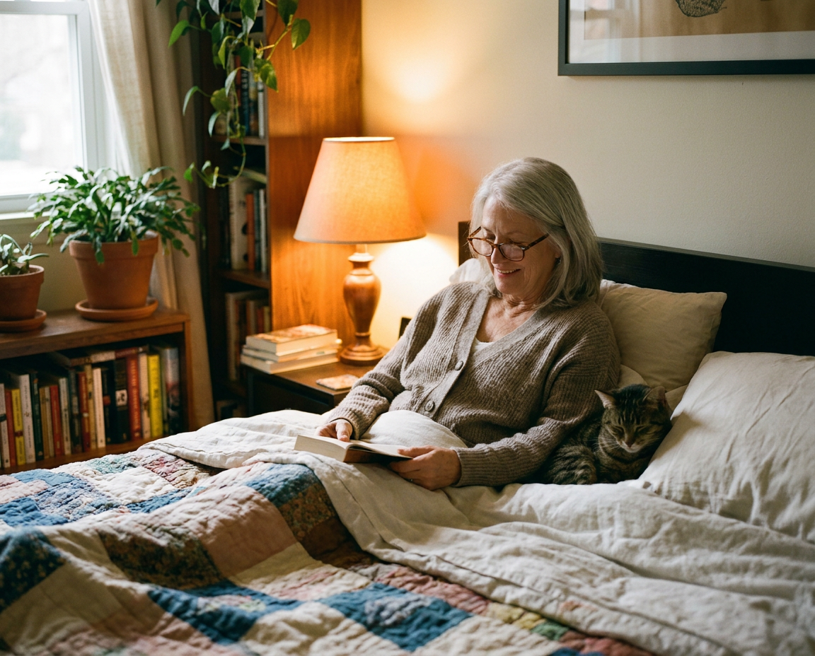Woman in her late 60s sitting up in bed with reading glasses, tabby cat curled on pillow beside her, warm amber lamplight