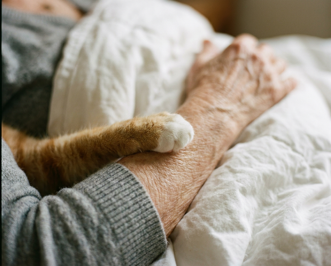 Cat's paw resting gently on a silver-haired woman's forearm against a white duvet, close-up in warm natural light