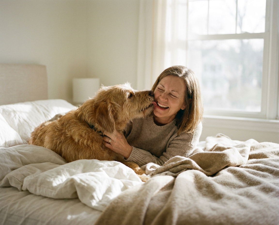 Woman in her early 60s laughing joyfully as her dog licks her cheek on a sunlit bed