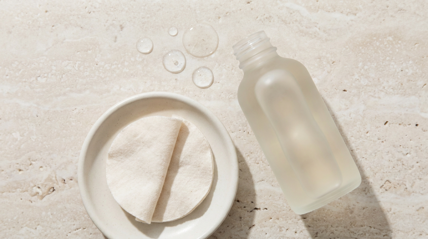 Minimal skincare flat lay with frosted glass bottle, ceramic dish, cotton round, and water drops on stone surface