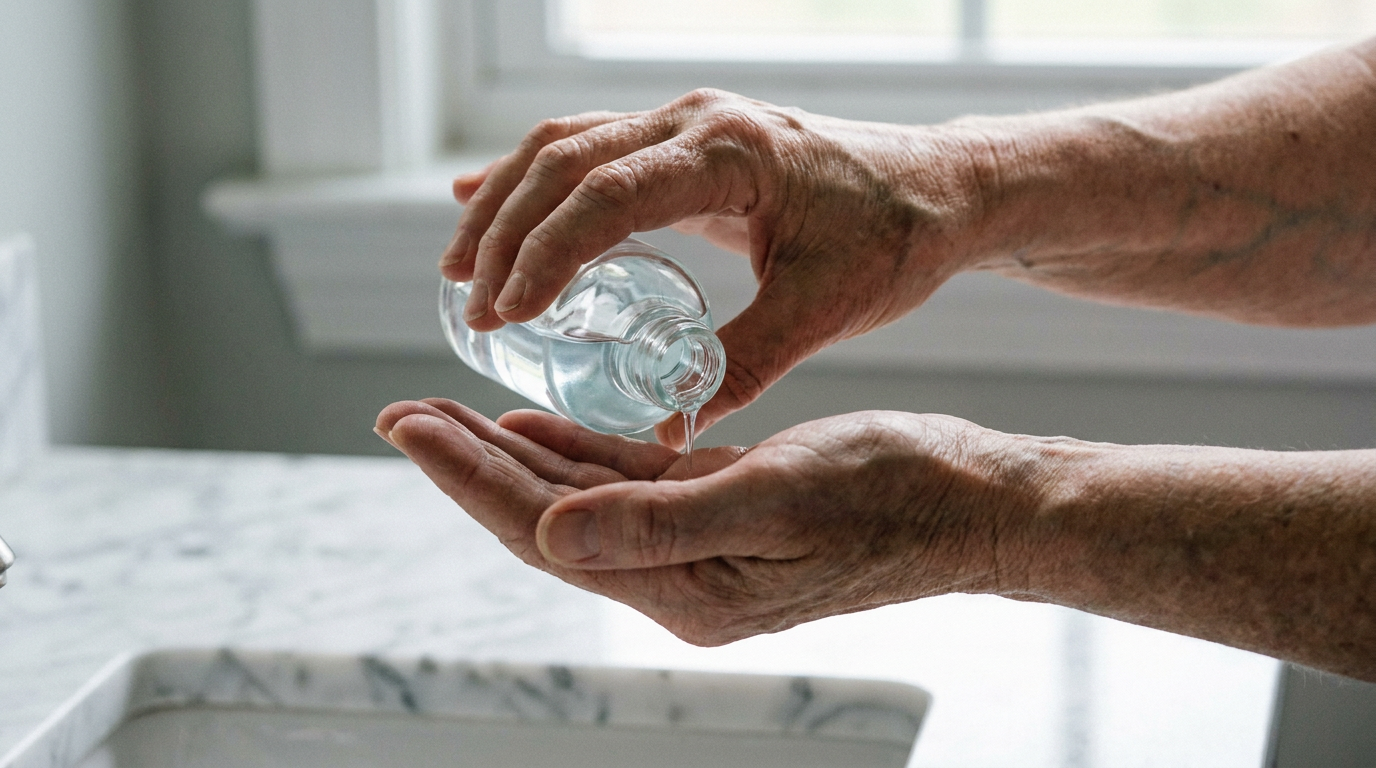 Close-up of hands pouring clear toner liquid onto palm over a white marble vanity