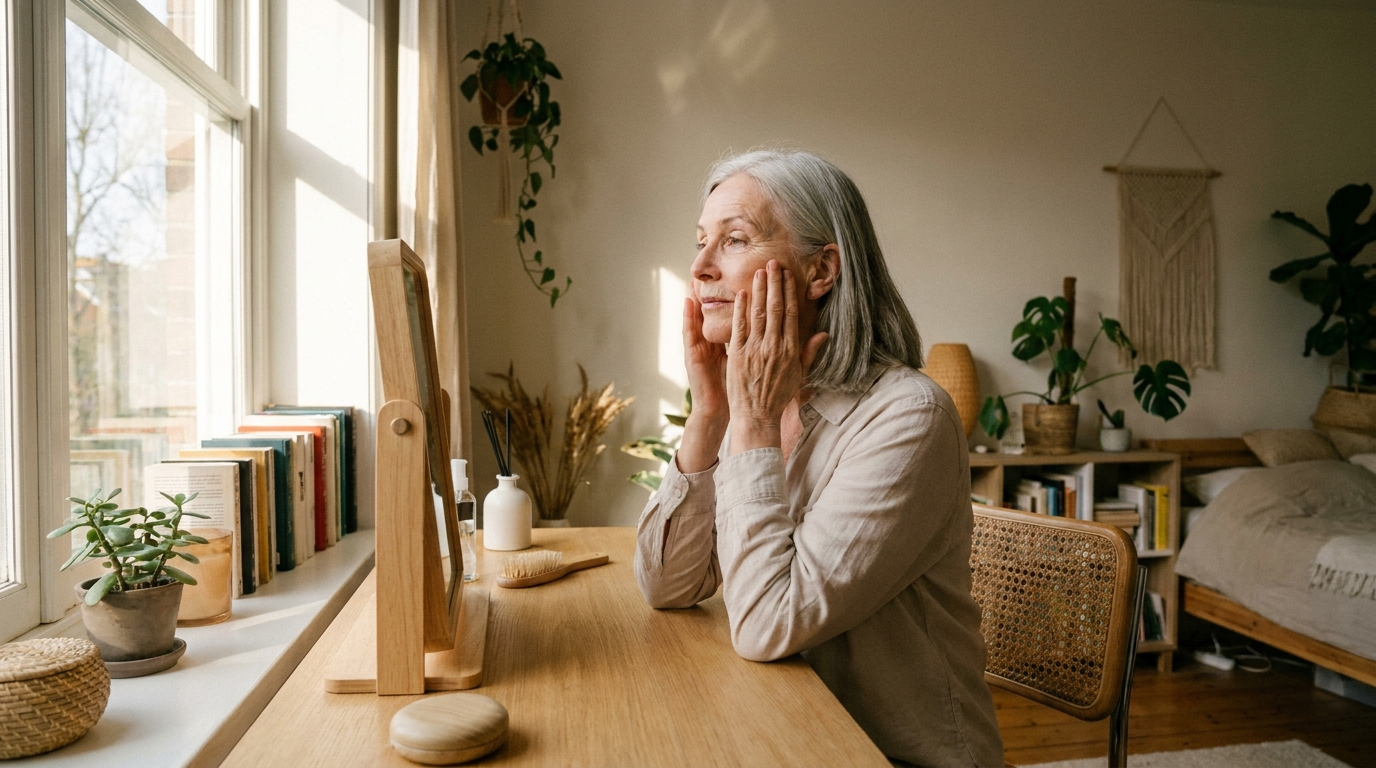 Silver-haired woman in her 60s patting toner into her face at a minimalist vanity in morning light