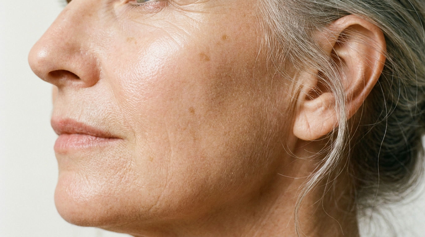 Editorial close-up of healthy luminous mature skin showing natural texture and fine lines