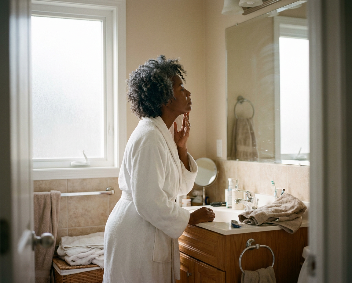 A woman in her mid-50s examining her skin in a bathroom mirror in morning light