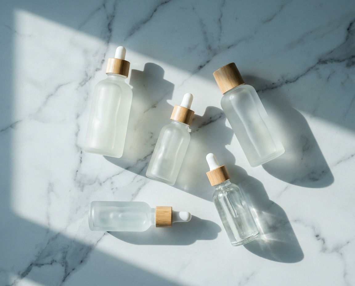 Flat lay of minimalist skincare serums and toners on white marble with soft shadows