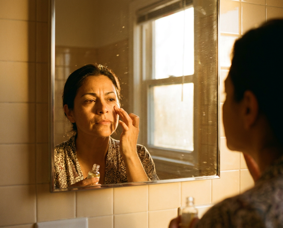 A woman in her mid-40s applying serum to her cheek with fingertips in warm golden light