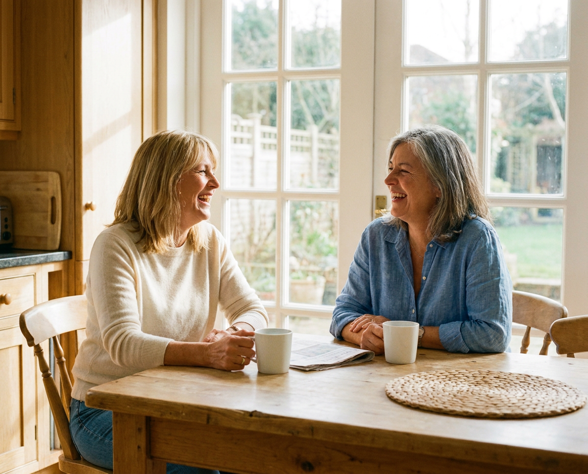 Two women in their late 40s and 50s laughing together at a kitchen table with glowing skin