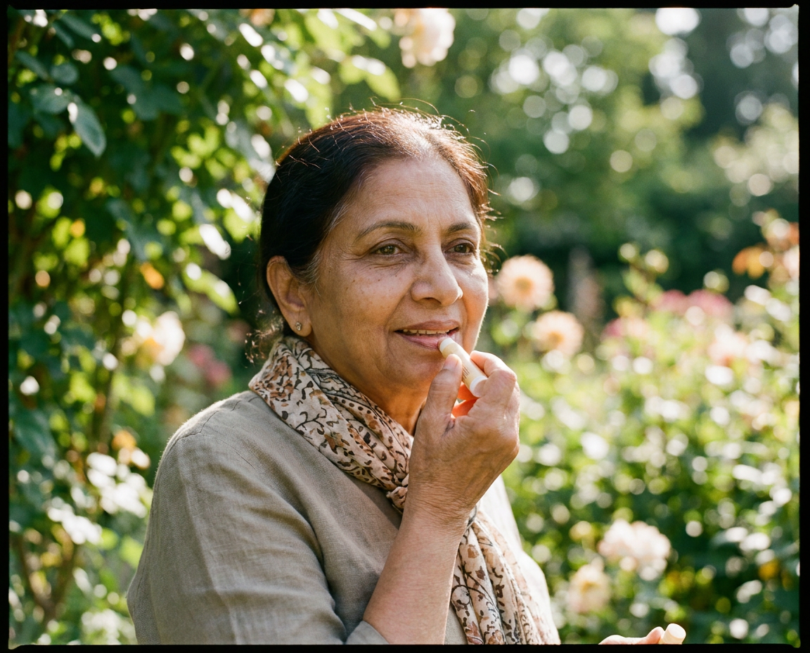 South Asian woman in her late 60s applying lip balm in a sunlit garden, confident and warm