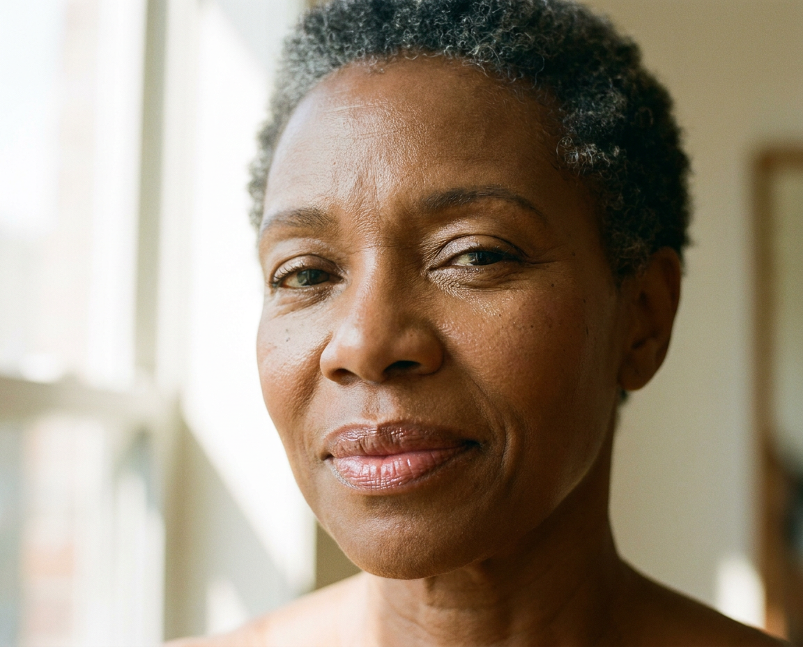 Close-up portrait of older woman by window