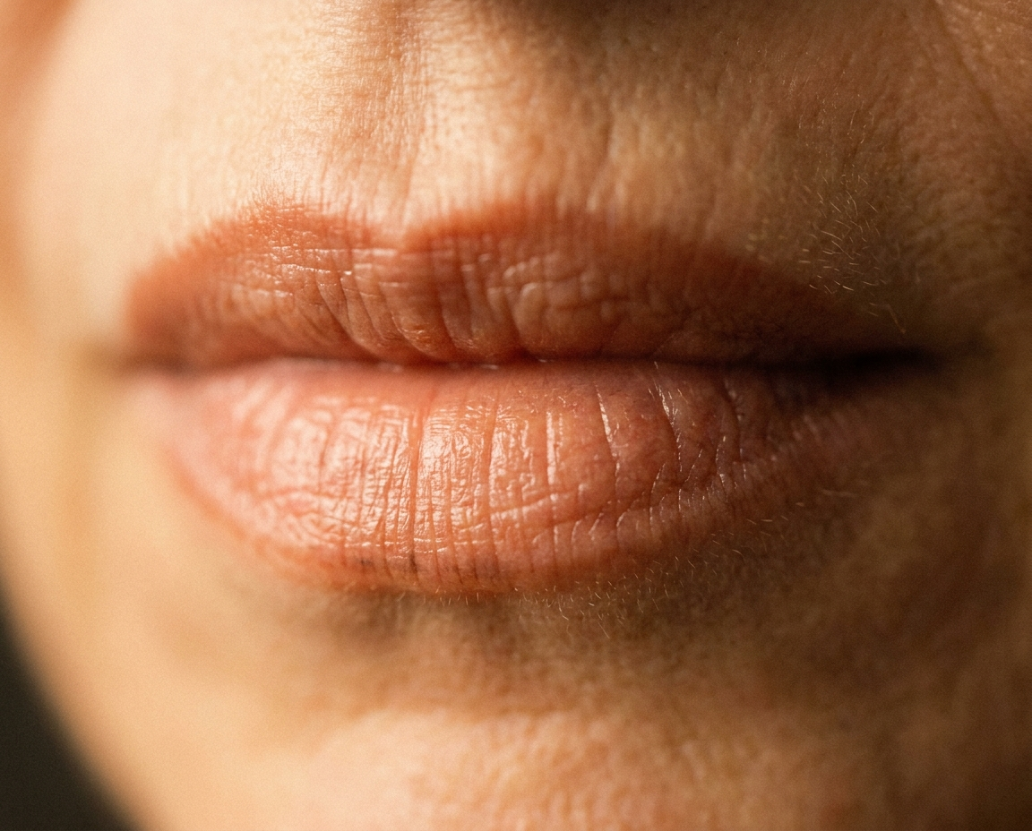 Extreme macro close-up of beautifully hydrated mature lips showing natural texture and vermillion border