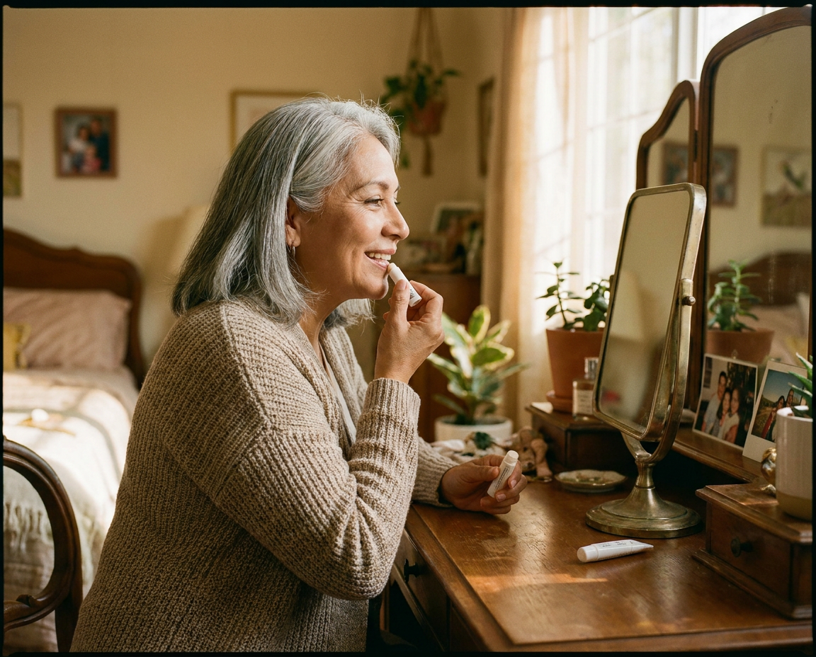 Hispanic woman in her late 50s applying a lip treatment at a dressing table in warm ambient light