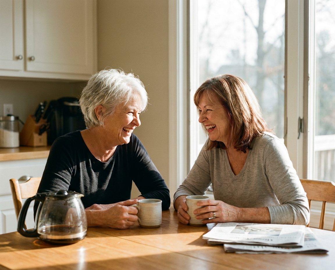 Two women in their early 60s, one East Asian and one white, laughing together over coffee showing expressive mature faces