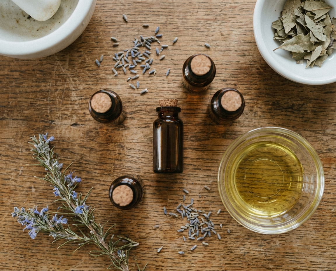 Overhead flat lay of amber essential oil bottles, dried lavender, rosemary sprigs, and a small ceramic bowl arranged on a worn oak surface in soft natural light