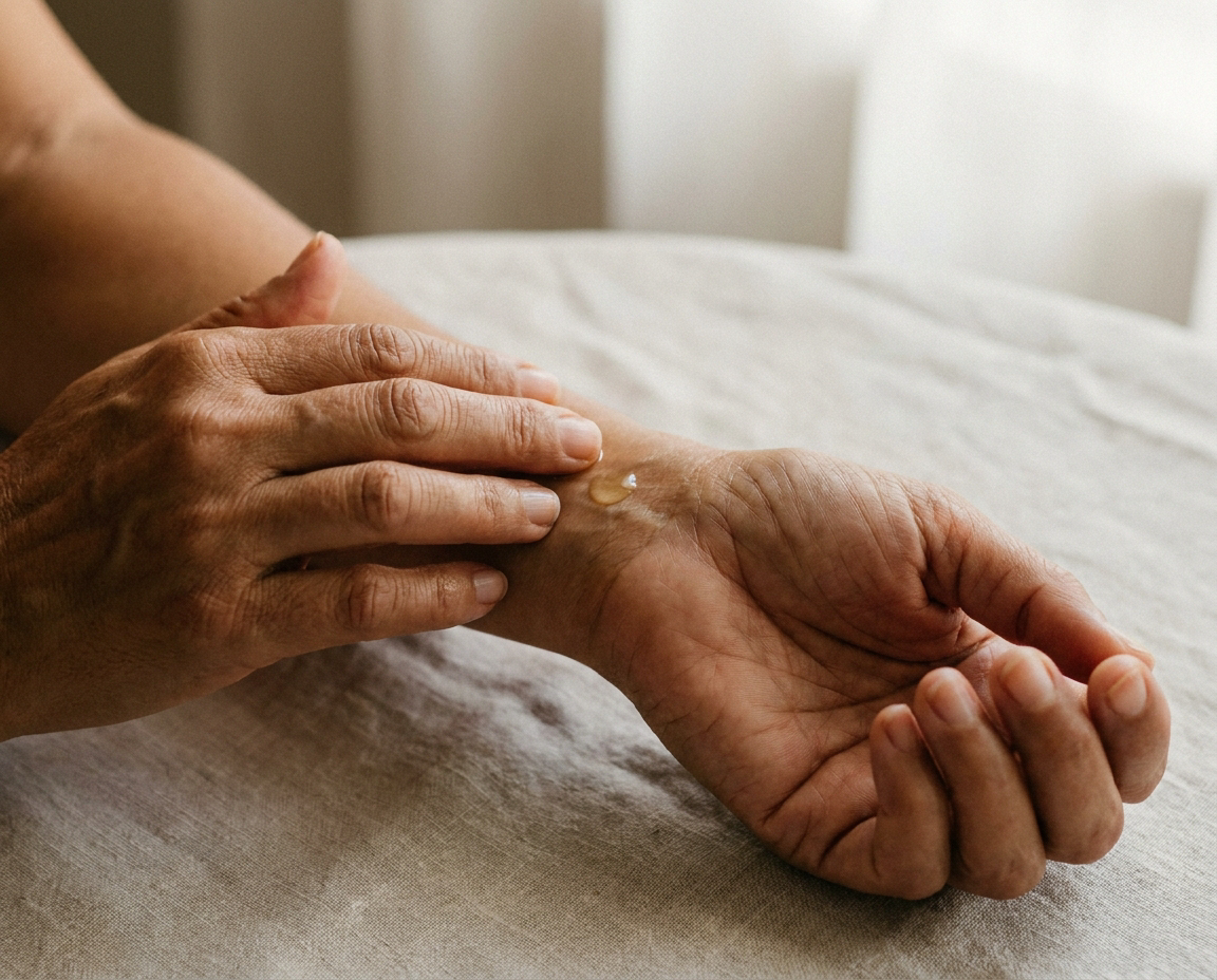 Close-up of hands with olive skin, one gently applying a small amount of essential oil to the inner wrist of the other, against a pale linen background