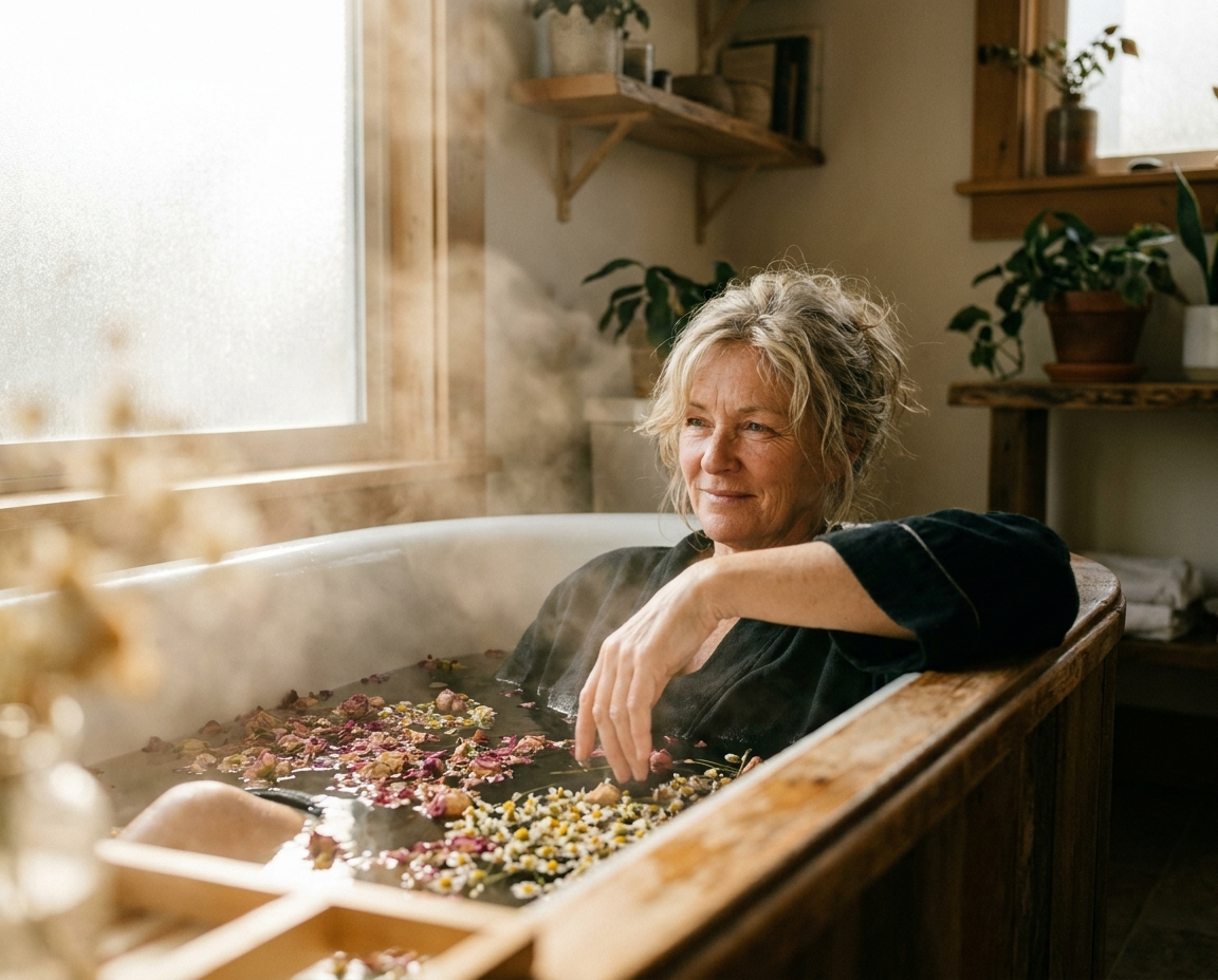 Woman in her 60s with fair skin reclining in a bath scattered with rose petals and chamomile flowers, expression relaxed and unhurried in warm natural light