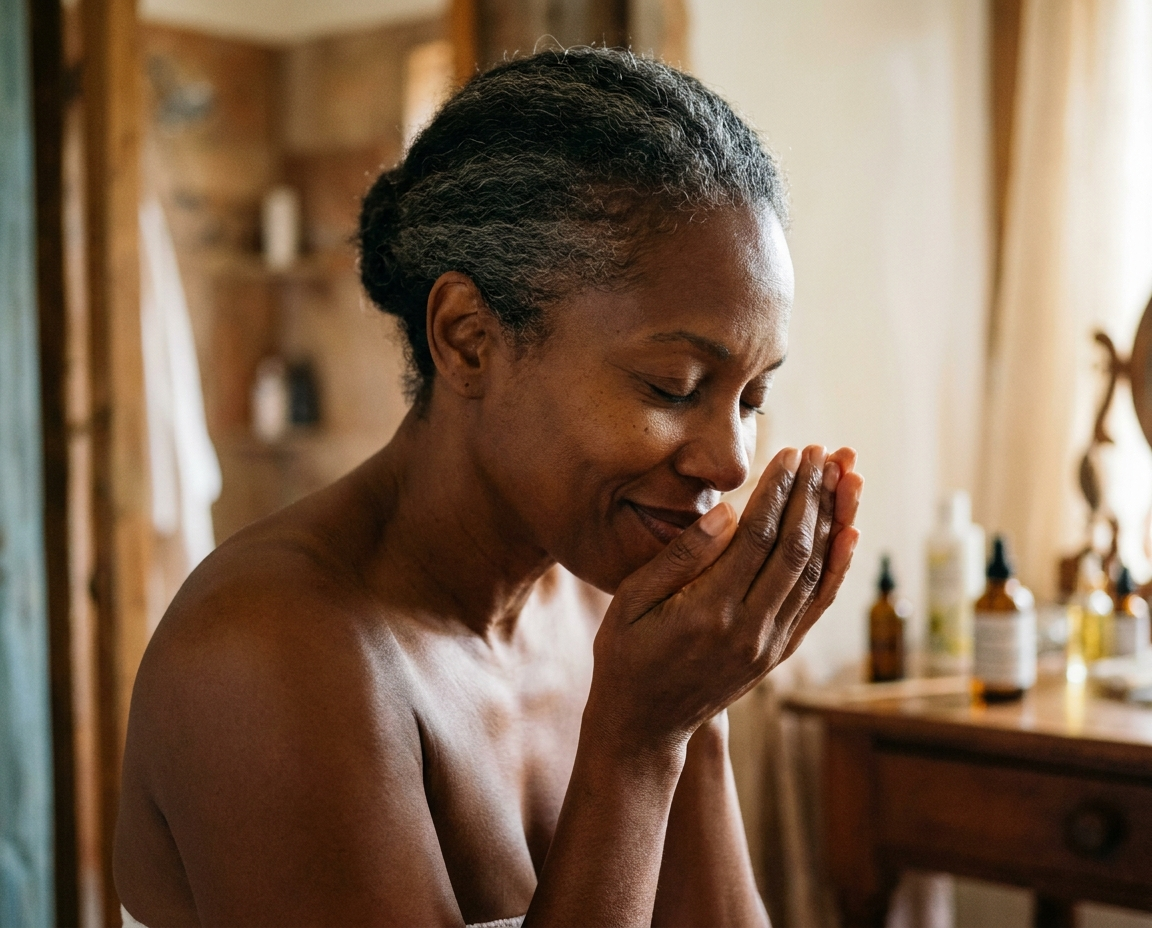Close-up portrait of a woman with deep brown skin cupping her hands near her face, eyes closed, inhaling essential oil in warm morning light
