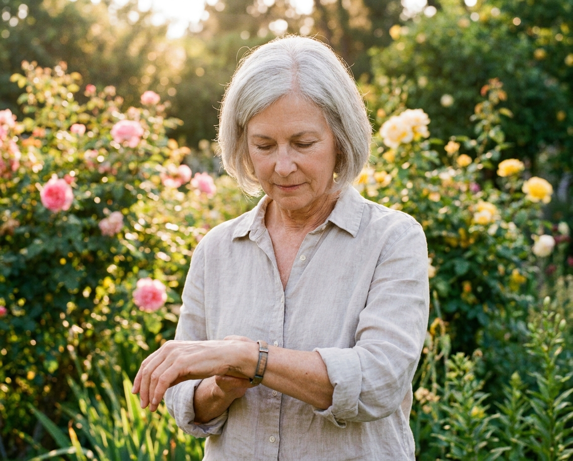 Silver-haired woman in a linen shirt standing in a sunlit garden, calmly examining her forearm surrounded by roses and greenery