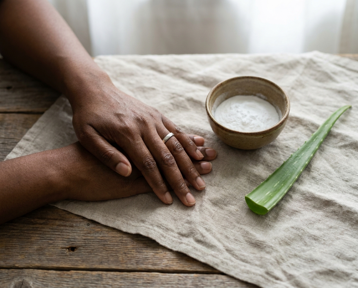 Close-up overhead view of two hands on a wooden table beside a ceramic bowl of baking soda paste and a fresh aloe vera leaf on linen cloth