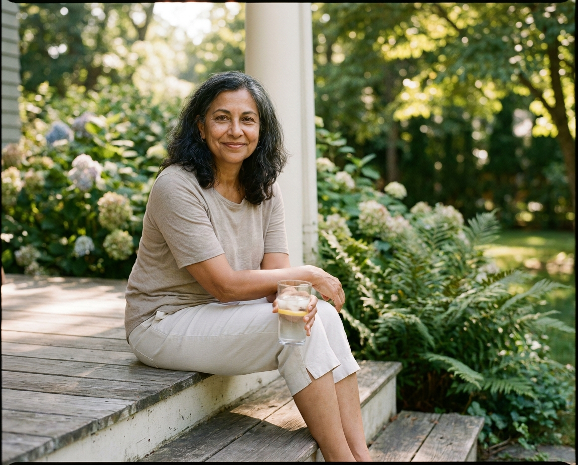 Woman with olive skin and dark hair sitting relaxed on a porch step holding a glass of iced water, with a lush garden softly blurred behind her